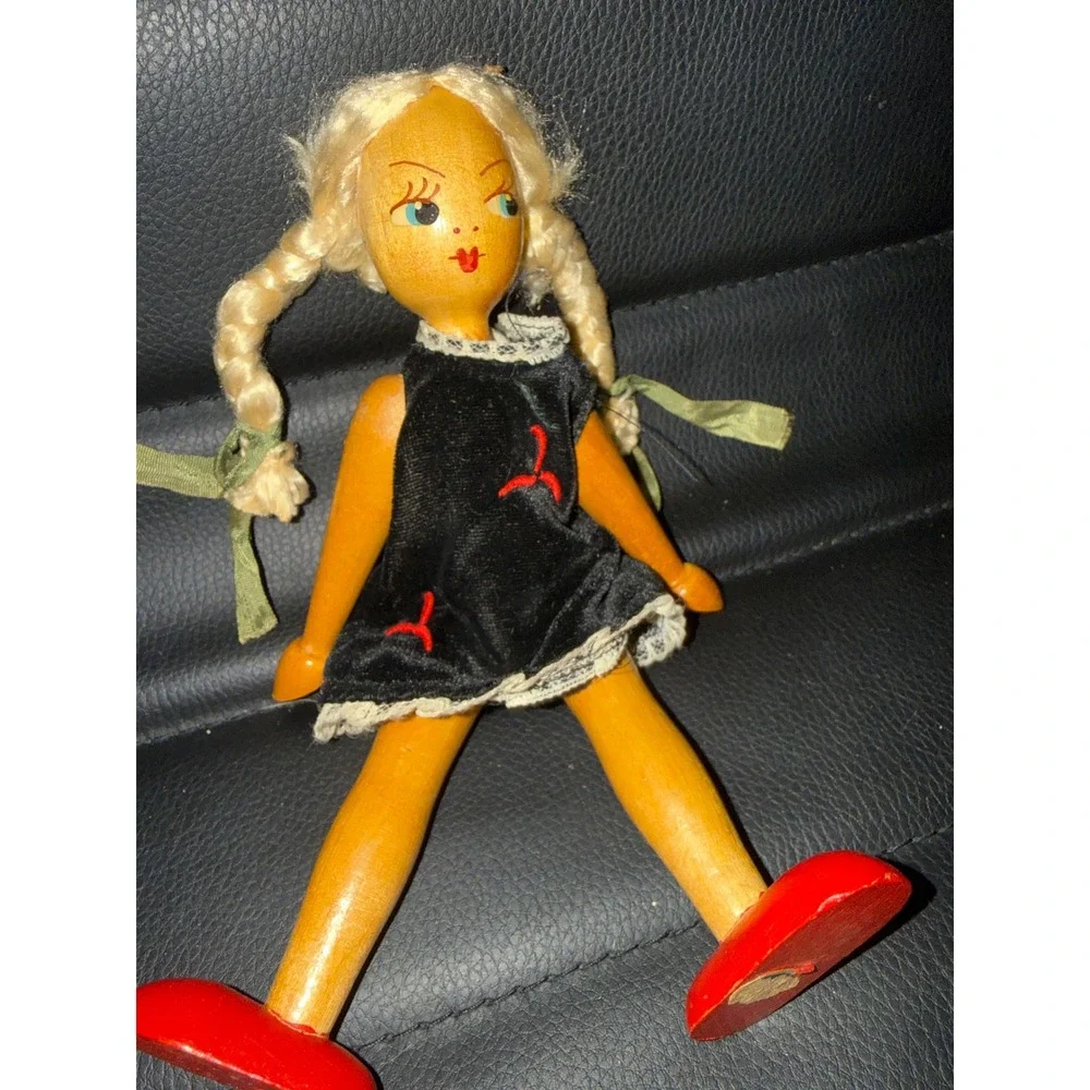 Vintage Polish Wooden Peg Doll Jointed Mid-Century Folk Art Hand Painted 7.5
